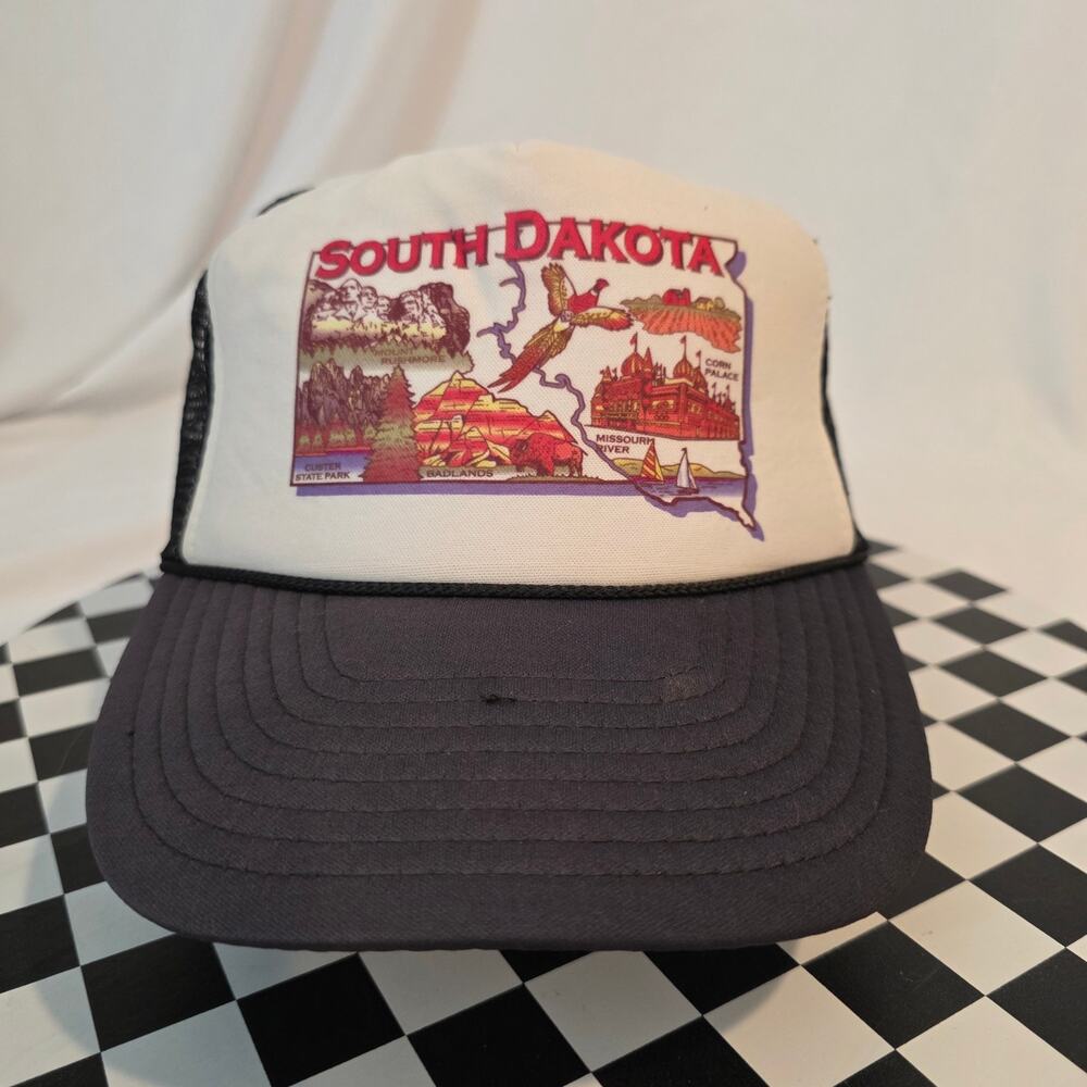Vintage 80s South Dakota Souvenir Illustrated Map Foam Trucker Hat Nissin Cap